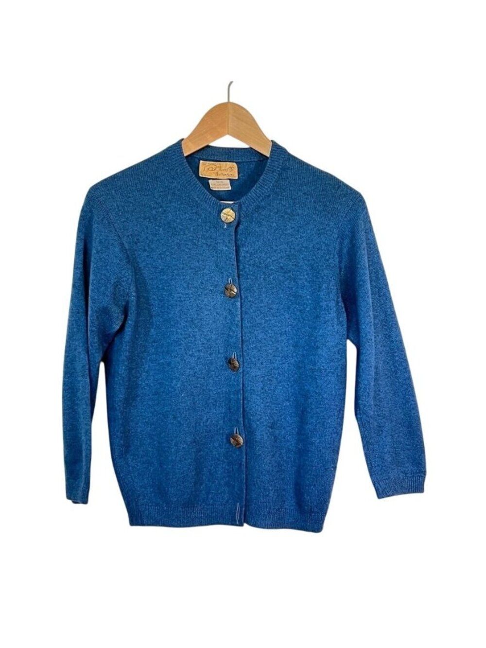 VTG 60s Ballantyne Scotland 100% Cashmere Cardigan Blue Gold Buttons Luxury